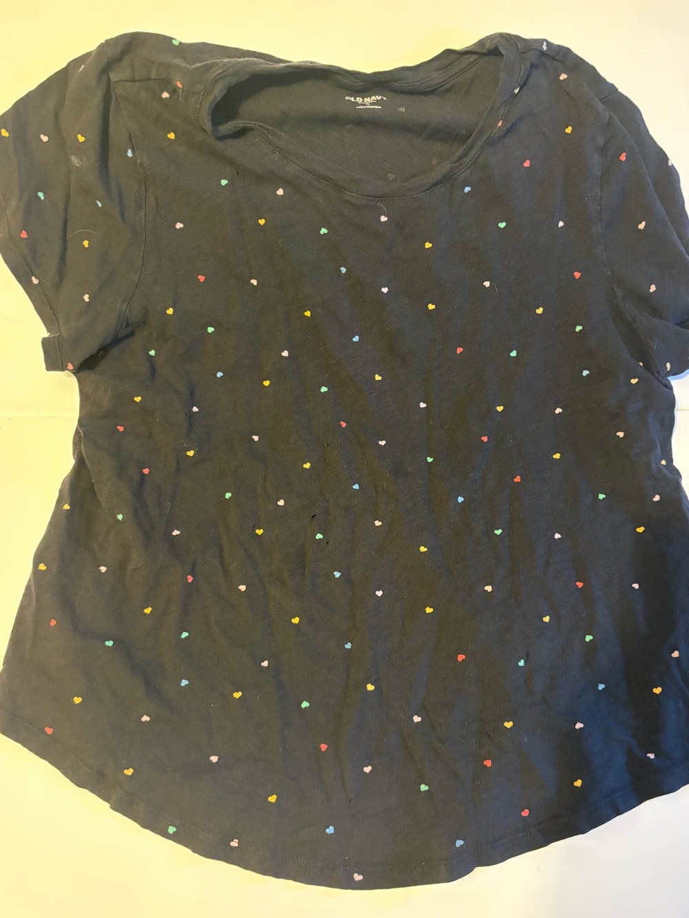 Old Navy Black Crew Neck Tee- Mini Multicolor Hearts dotted Print Womens XL
